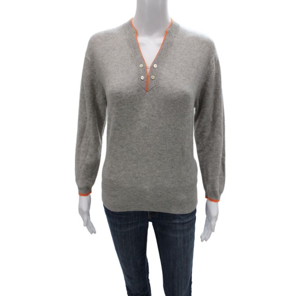 Jumper Womens Henley V-Neck 100% Cashmere Gray Long Sleeve Sweater Size 2